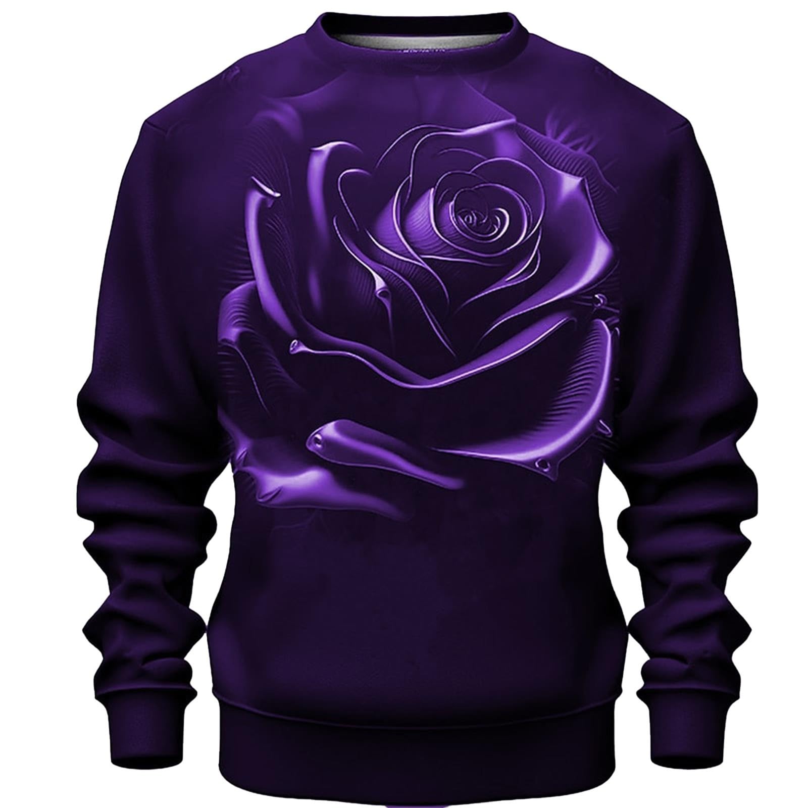 Generisch Valentine's Day Pullover Men's Sweatshirt with 3D Flower Print Long Sleeve Crew Neck Sports Shirt Leisure Vintage Tops Without Hood Sweatshirts Rose Print Pullover Training T-Shirt, purple