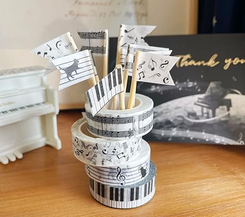 Miniatura 3 de Teclado de melodía de notas de piano en blanco y negro, bastón de gato, banda sonora musical, juego de 4 rollos  Planificador decorativo de