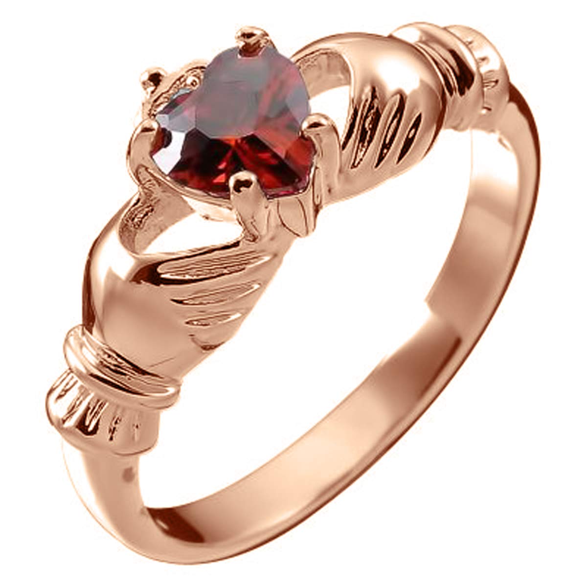 Anello Placcato in Oro Rosa 18K Claddagh con Cuore in Rosso Rubino, Mani e Corona in Confezione Regalo per Donne