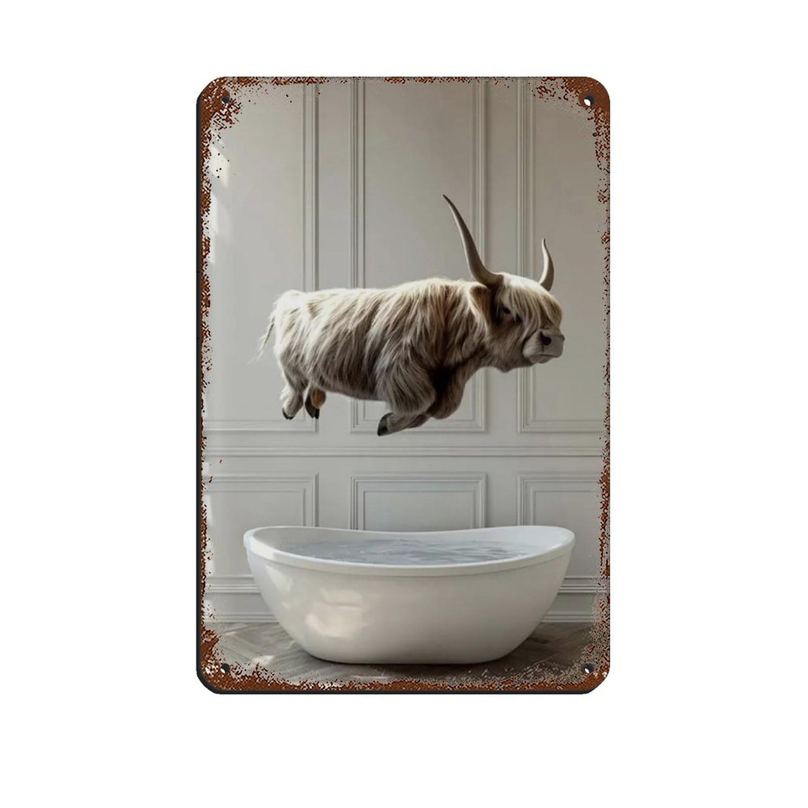 Highland Cow Jumping Into Bathtub Retro Poster Metal Tin Sign Chic Art Retro Iron Painting Bar People Cave Cafe Family Garage Poster Wall Decoration 8x12inch(20x30cm)