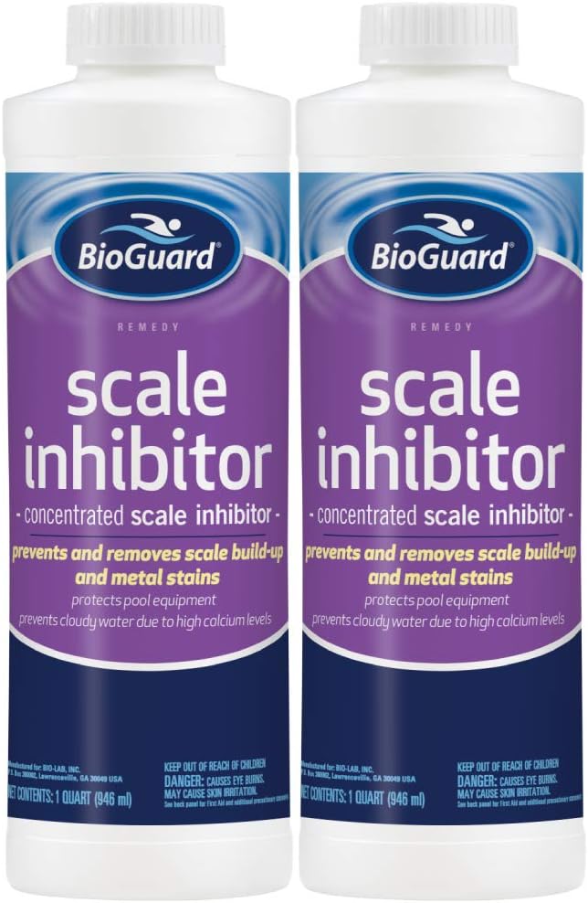 BioGuard Scale Inhibitor, 32 oz, Pack of 2, Concentrated Formula, Prevents and Removes Scale Build-Up and Metal Stains, Protects Pool Equipments