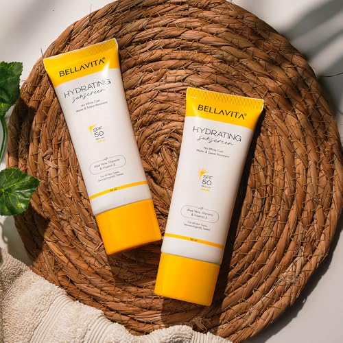 Image of BELLAVITA Water based Hydrating Sunscreen, SPF 50, Lightweight PA+++, For All Skin Types, No White Cast, Non - Greasy Finish, UV Protection, Broad Spectrum, For Men & Women, 50ML x 2