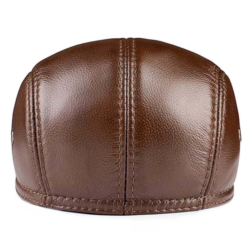 czapka zimowa, Męski beret z płaskim daszkiem, brązowy, nauszniki, ciepła