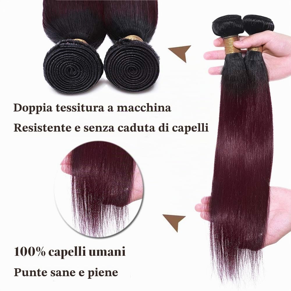 SEGO Extension Capelli Veri Tessitura Matassa Virgin Human Hair Brasiliani Shatush 100g Capelli Lisci per Cucire 25cm #1BT99 Nero Naturale/Rosso Borgogna