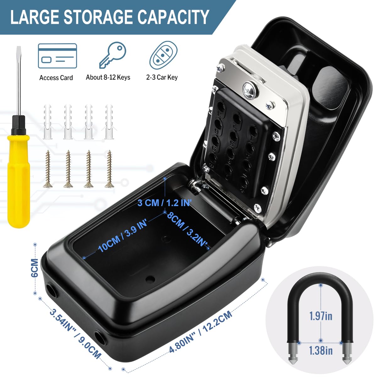 Caja para Llaves con Codigo 12 Dígitos Combinacion Caja Fuerte para Llave con Grillete Extraíble, Impermeable Caja Seguridad Llaves Exterior Interior para Hogar Office Garage School