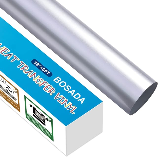 BOSADA Heat Transfer Vinyl 12" x 5ft Silver HTV Vinyl Metallic Foil Iron on Vinyl for Cricut and DIY T-Shirt Clothing Hats Pillows Fabric