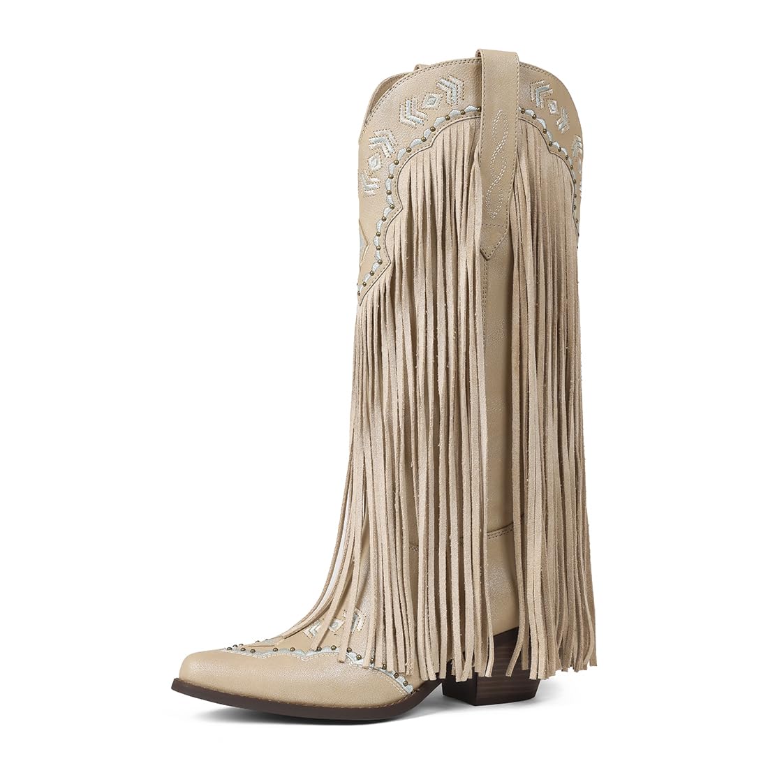 Oiamenne Cowgirl Boots Women Fringe Knee High Cowboy Boots Pointed Toe Western Boot for women Chunky Heel Pull