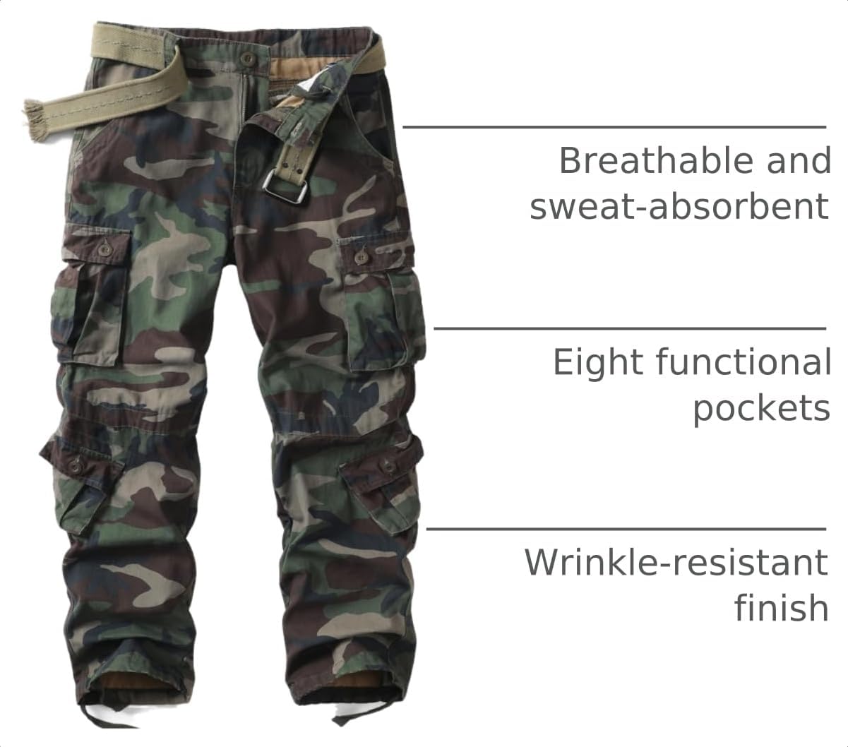 AKARMY Men's Camo Cargo Work Pants Cotton Military Army Casual Tactical Wild Combat Pants with 8 Pockets