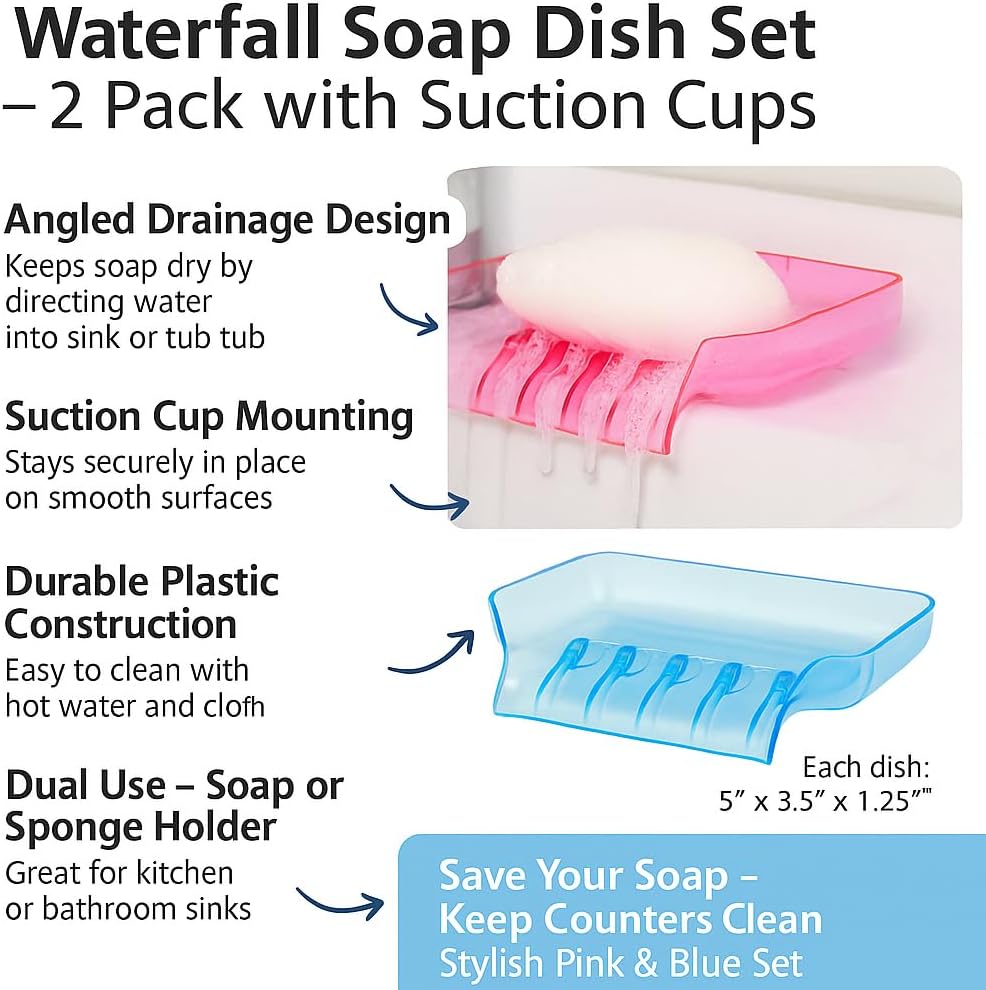 2 Pack Waterfall Soap Saver Dish Set with Suction Cups – Self-Draining Soap Holder & Sponge Tray for Bathroom, Kitchen Sink, or Shower – Pink & Blue Plastic