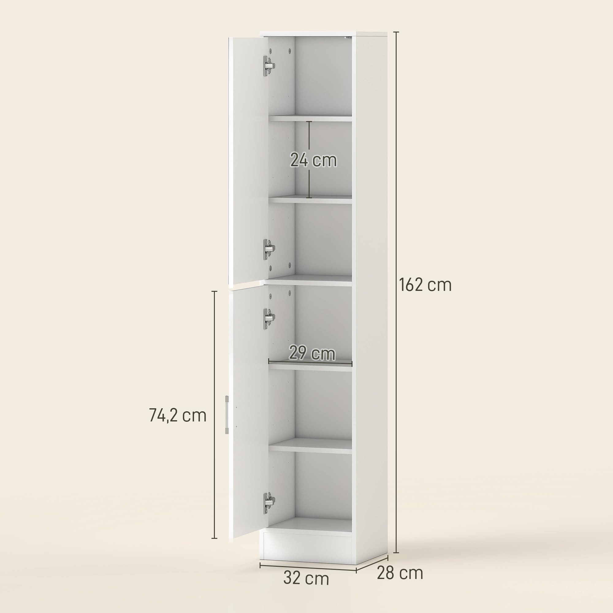 kleankin Armario para Baño Alto Mueble Columna de Baño con Espejo 2 Puertas y Estantes Interiores Ajustables Multiusos para Cocina Salón 32x28x162 cm Blanco