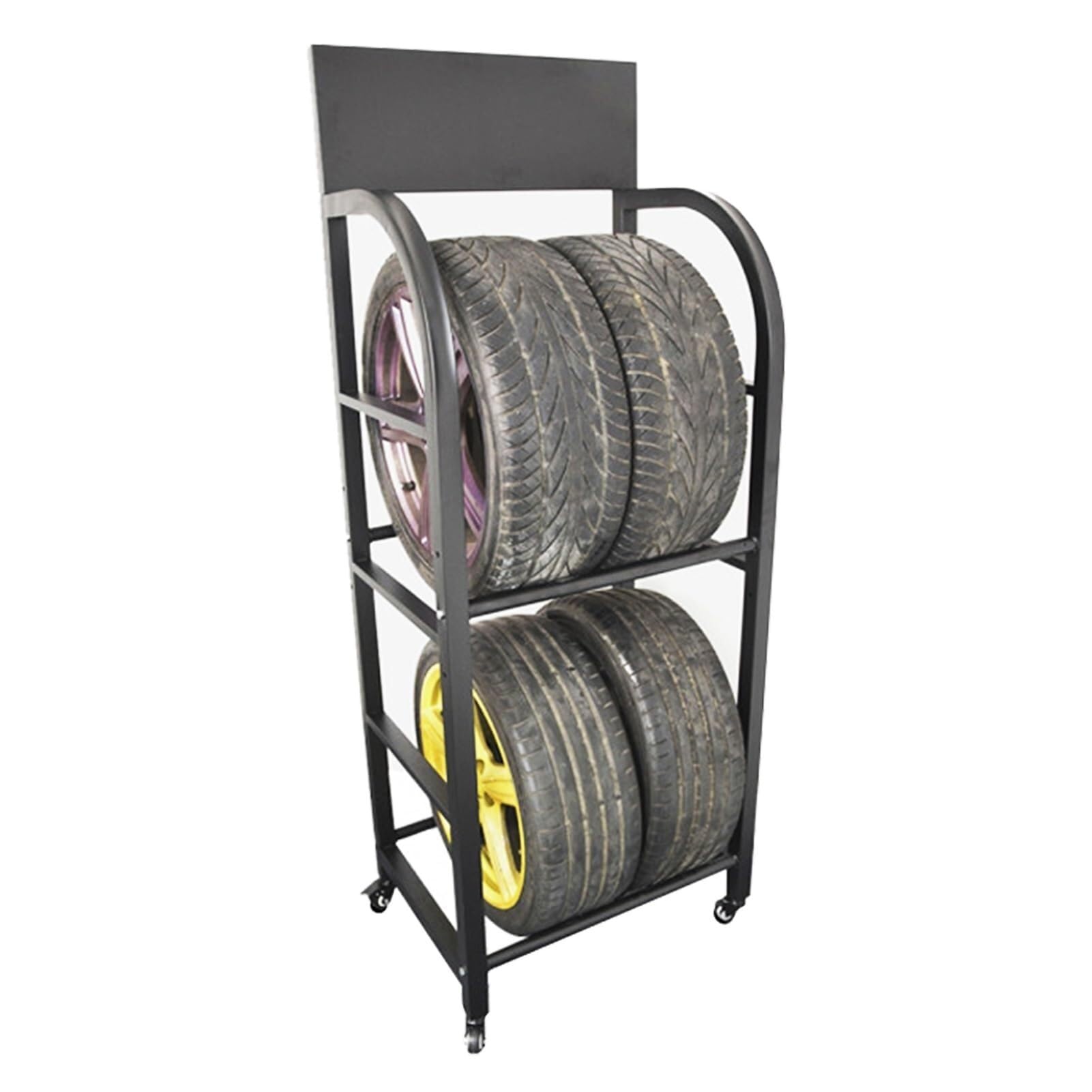 Porta Pneumatici a 2 Livelli, Altezza 69", 4 Ripiani per Garage con Ruote universali e Freni, Porta Pneumatici Mobile in Metallo