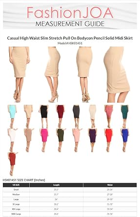 FashionJOA Women's Casual High Waist Slim Stretch Pull On Bodycon Pencil Solid Midi Skirt