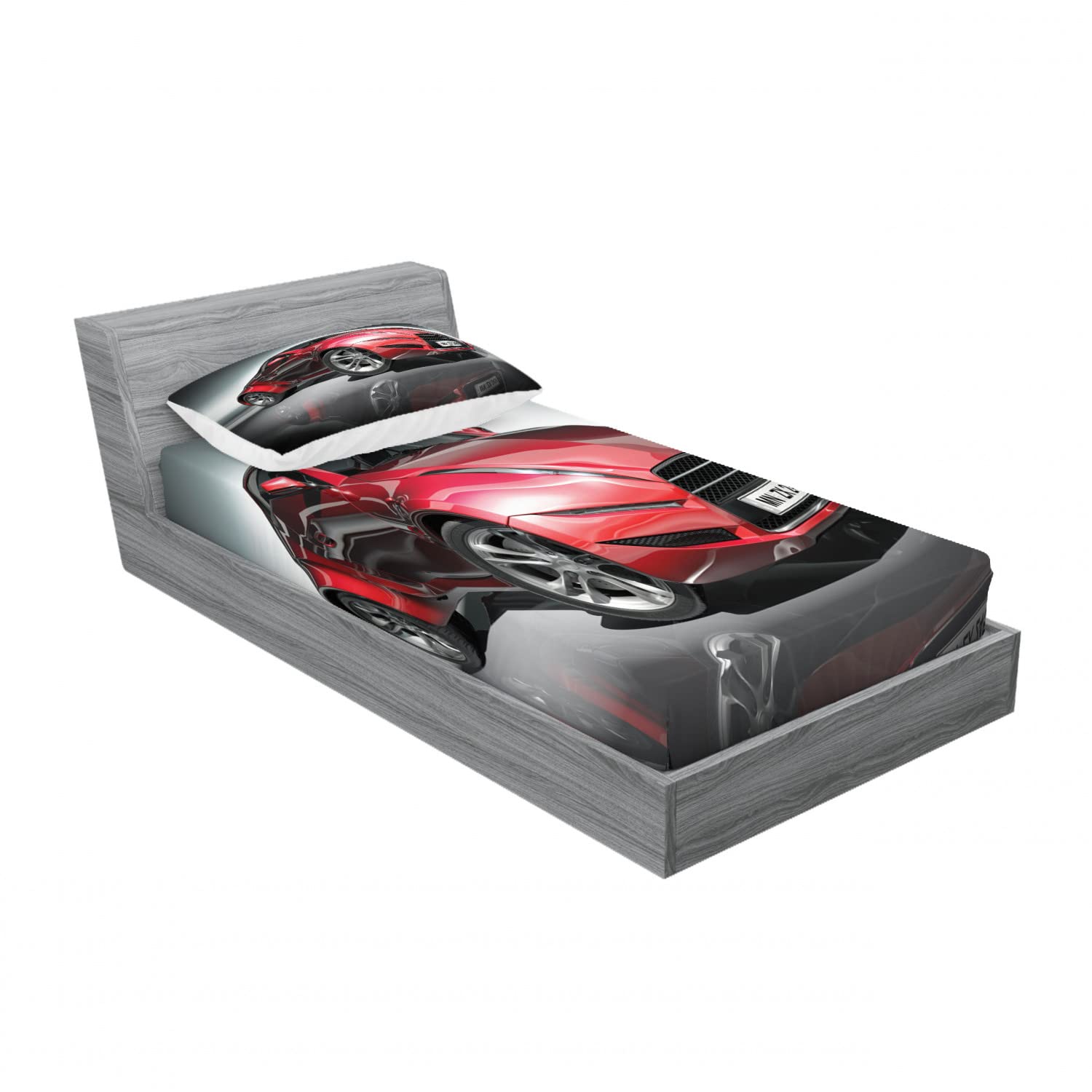 Ambesonne Car 2 Pack Fitted Sheet & Pillow Sham Set, Red Fast Sports Racing Men, 4 Pcs Bedding Decor, Package Contains 2 Twin Size Fitted Sheets & 2 Pillow Covers, Grey Red