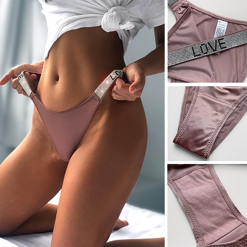 Women's Ice Silk Rhinestone Thongs Low Waist High Cut Bikini Underwear Hipster T Back Panties 6 Pack - Image 7