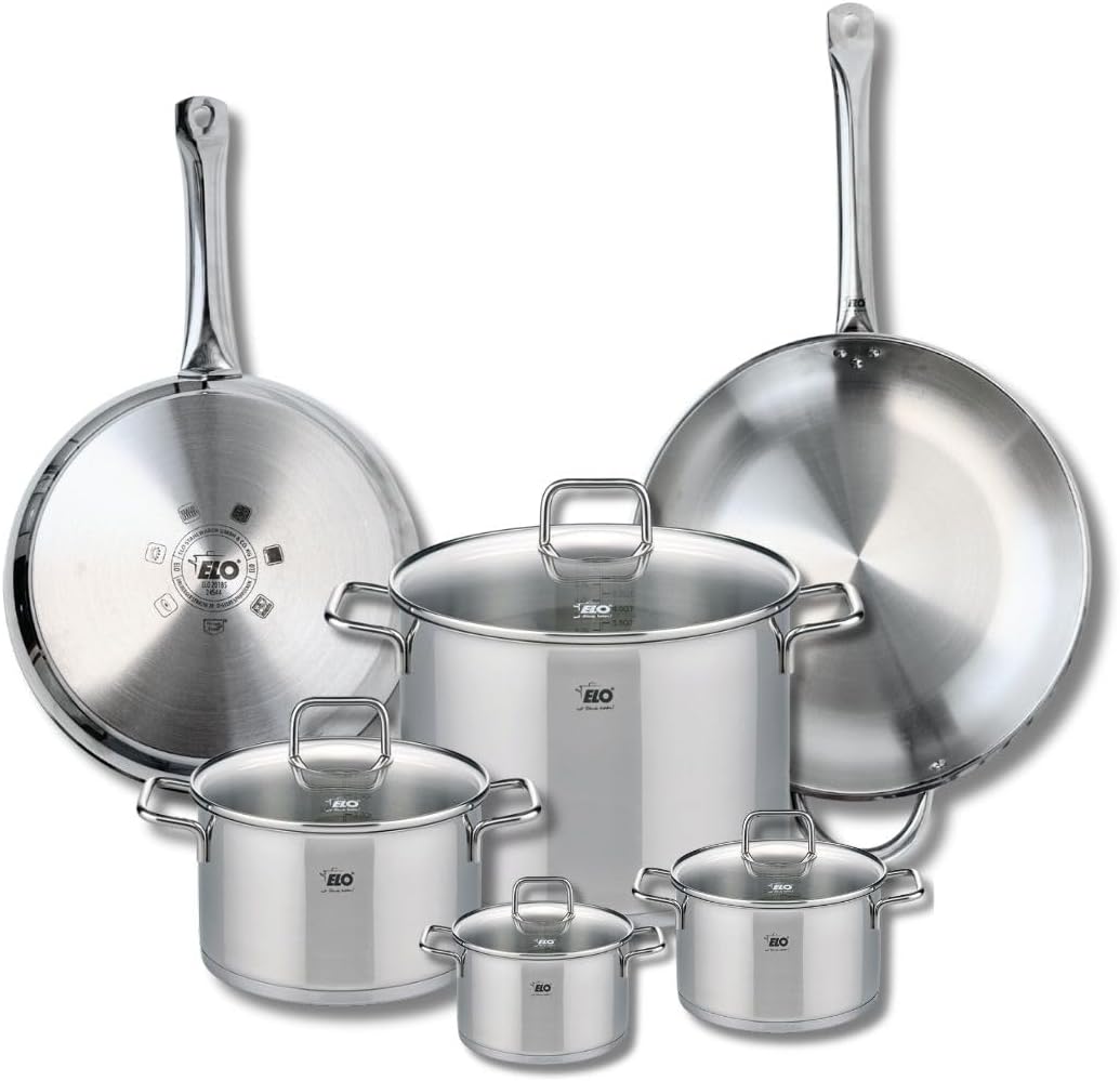 ELO 9510450 6-Piece Cookware Set 2 Frying Pans 28 and 32 cm and 4 Saucepans 12, 14, 20 and 26 cm Elo Profi, Citrine, Stainless Steel, Induction