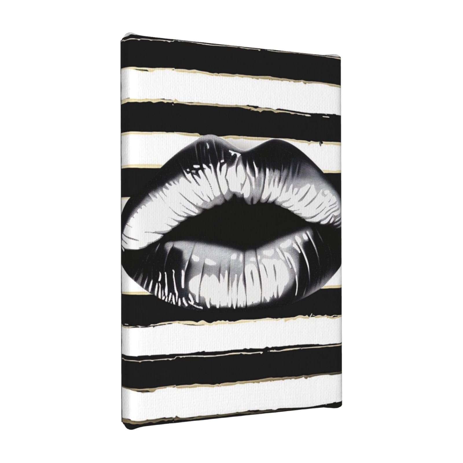 YKLJG Lips Printed In Black And White Stripes Printed Wall Art Canvas Painting 20x30 CM Wooden Framed Picture Painting Artwork Prints for Bedroom Kitchen Home Office Decor
