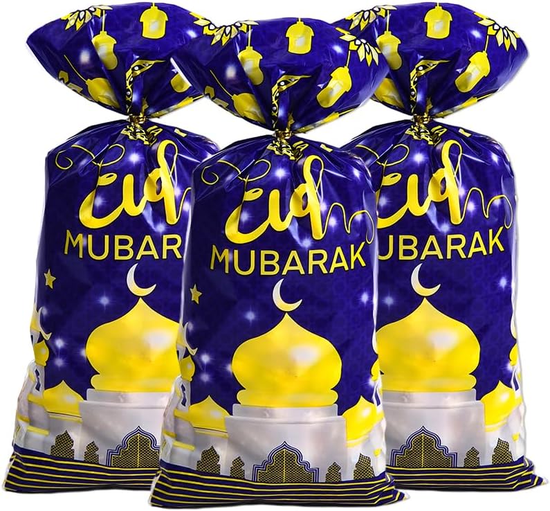 Eid Mubarak Treat Bags, 100pcs Shining Gold Star Moon Lantern Party Cellophane Bags with Twist Ties Clear Plastic Gift Bags Goodie Cookies Candy Bags for Wedding ,Islam Islamic Muslim Party ,Ramadan Mubarak Party Supplies - Image 2