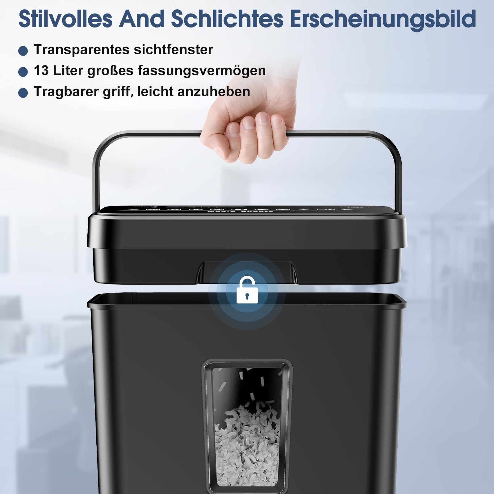 Aktenvernichter, 6-Blatt Kreuzschnitt Papierschredder mit P-4 Geheimhaltungsstufe, 13L Papierkorb mit Sichtfenster und Tragegriff, zerkleinert Kreditkarte, Überhitzungsschutz für Home Office(Schwarz)