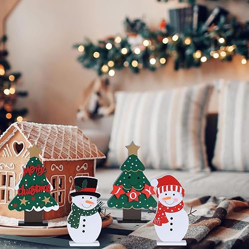 Miniatura 7 de DECSPAS Decoraciones navideñas para interiores, 4 piezas de árboles de Navidad de madera y muñecos de nieve para decoración de mesa de centro de