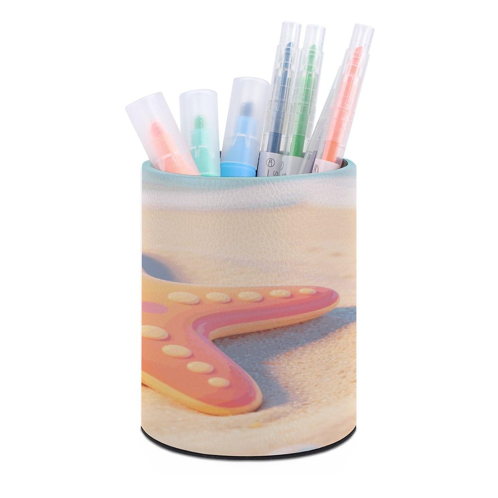 VstaDank Starfish Pen Holder Round Pencil Holder for Desk Organizer PU Leather Pencil Cup Makeup Brush Holders Modern Pen Cup Large Pen Organizer for Office Home Ideal Gift