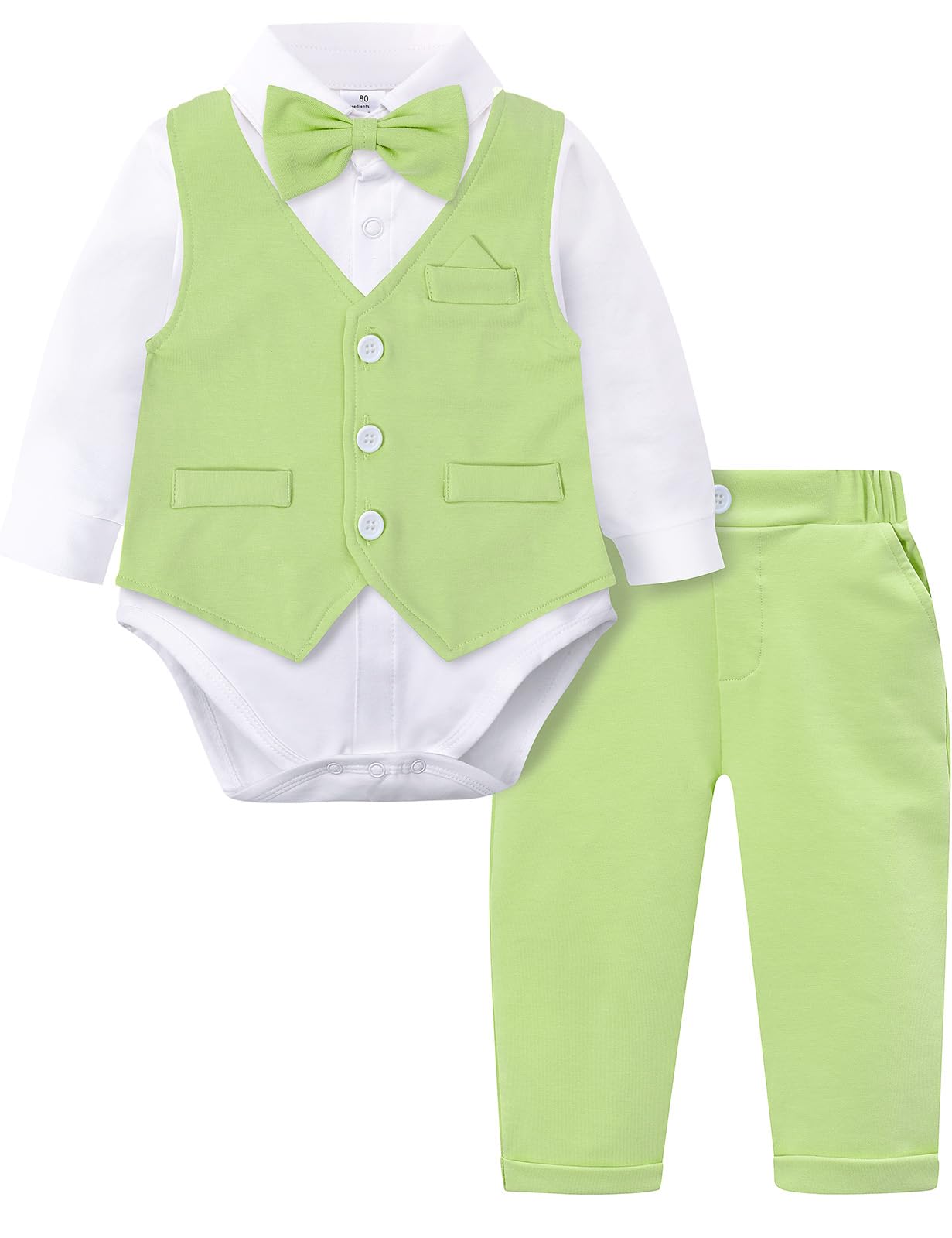 A&amp;J DESIGN Baby Boy Suits Dress Outfits Shirt Bow Tie Vest Set 3M - 18M | Breathable, Skin-Friendly, Easy Diaper Change, Lightweight, Faux Pocket Square, Formal, Gentleman, Wedding