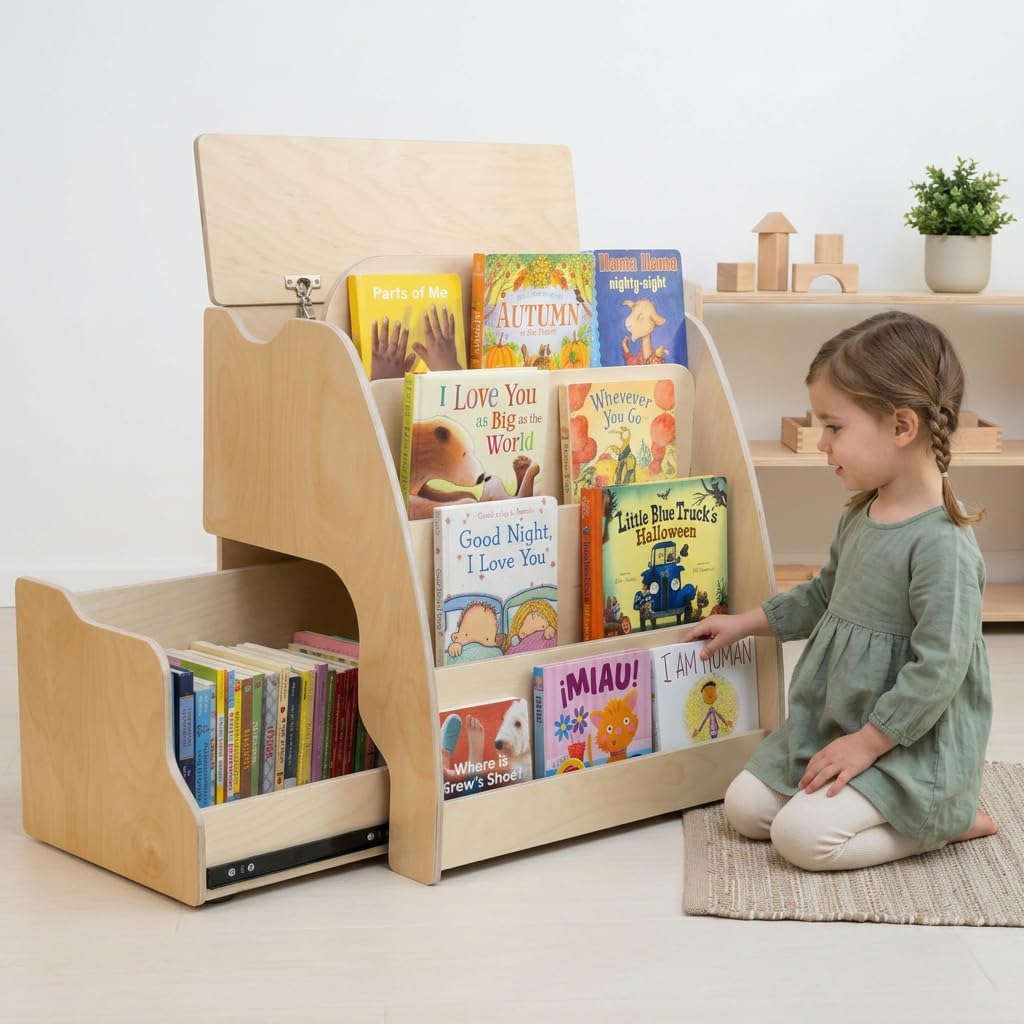 Montessori Bookshelf for Toddlers - Kids Front Facing Book Shelf with Hidden Drawer - Wooden Bookcase, Top Toy Storage Compartment (Left Sided Drawer)