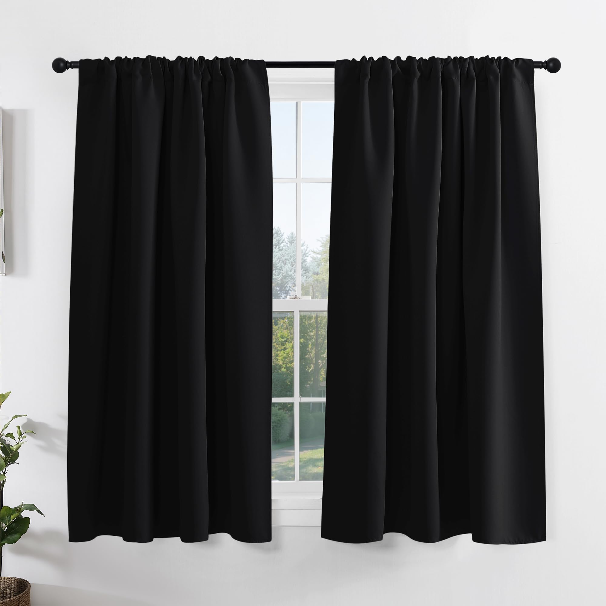 PONY DANCE Kitchen Window Curtains Over Sink, Short Blackout Bathroom Window Curtains, Thermal Insulated Rod Pocket Home Decor Drapes for Bedroom Small Window(2 Panels Set, Black, 42" W x 45" L)