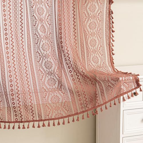 Image of MYSKY HOME Lace Tier Curtains 30 Inch Length 2 Panels Kitchen Cafe Sheer Short Boho Half Country Rod Pocket Curtains for Small Windows Basement Bathroom, 34 inch Wide Each Panel, Terracotta