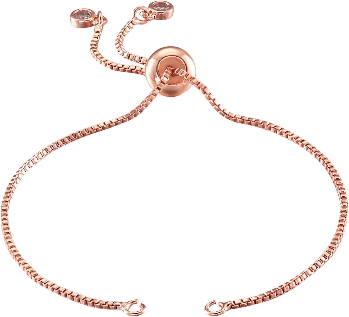 FASHEWELRY 20 Strands Adjustable Brass Bracelet Slider Extender Chains with Rhinestone Ends 4.72-4.96 Inch Real Rose Gold Plated for DIY Jewelry Making