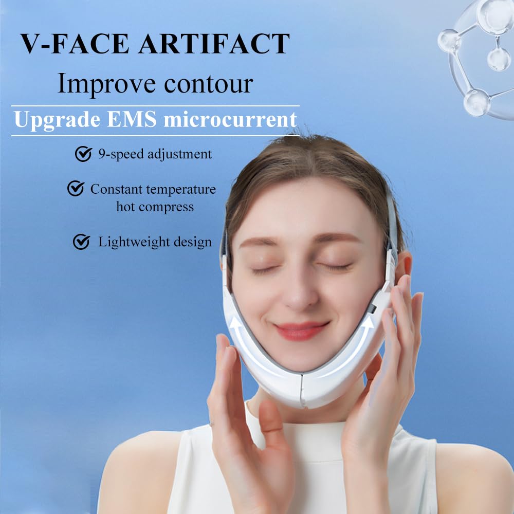 MAOYING Masajeador Eléctrico Moldeador Facial en V + 2 Pares de Almohadillas de Gel, Dispositivo Anti-Arrugas Cuello & Reafirmante, Tecnología EMS de Microcorriente Mejorada, 6 Modos Reafirmantes