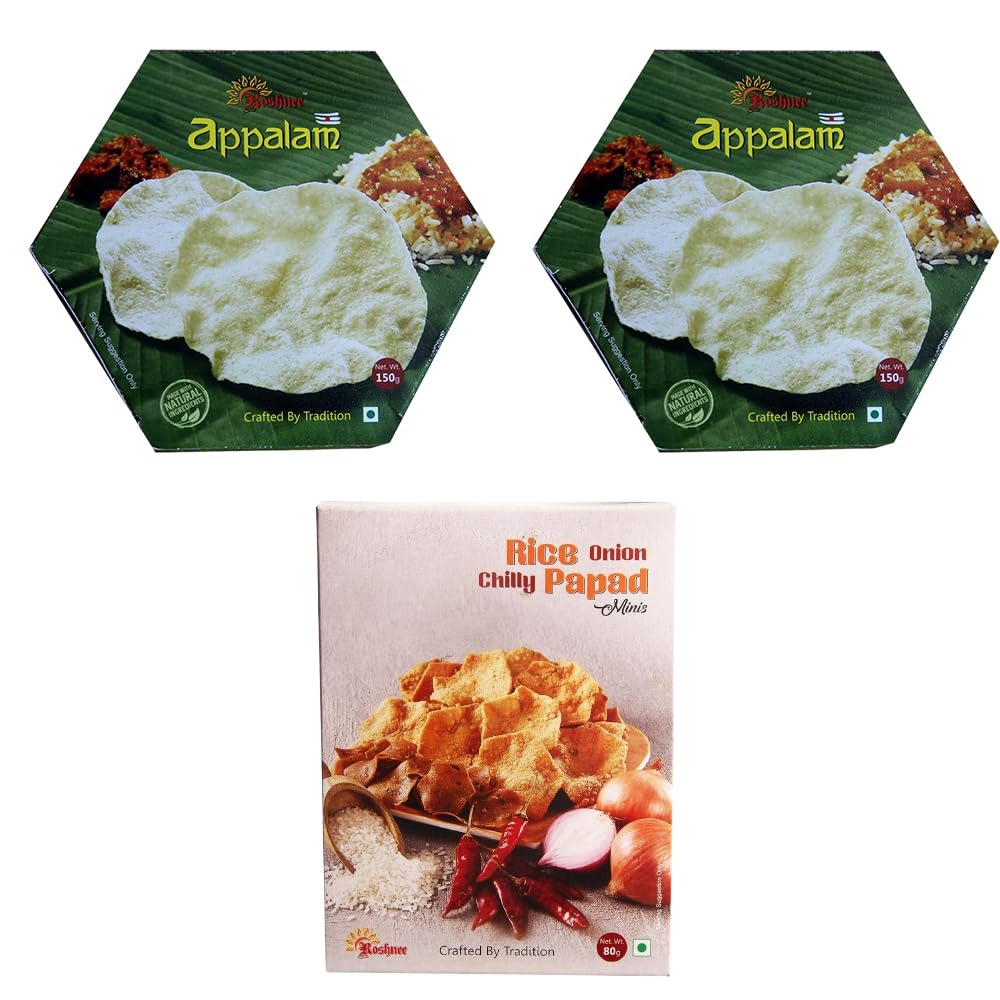 Roshnee Combo Pack of 2 Appalam Papad (150gm) & Rice Onion Papad (80gm) with Authentic Traditional Indian Taste, Healthy Tasty Crunchy Papad | No arifical Flavour & Colours