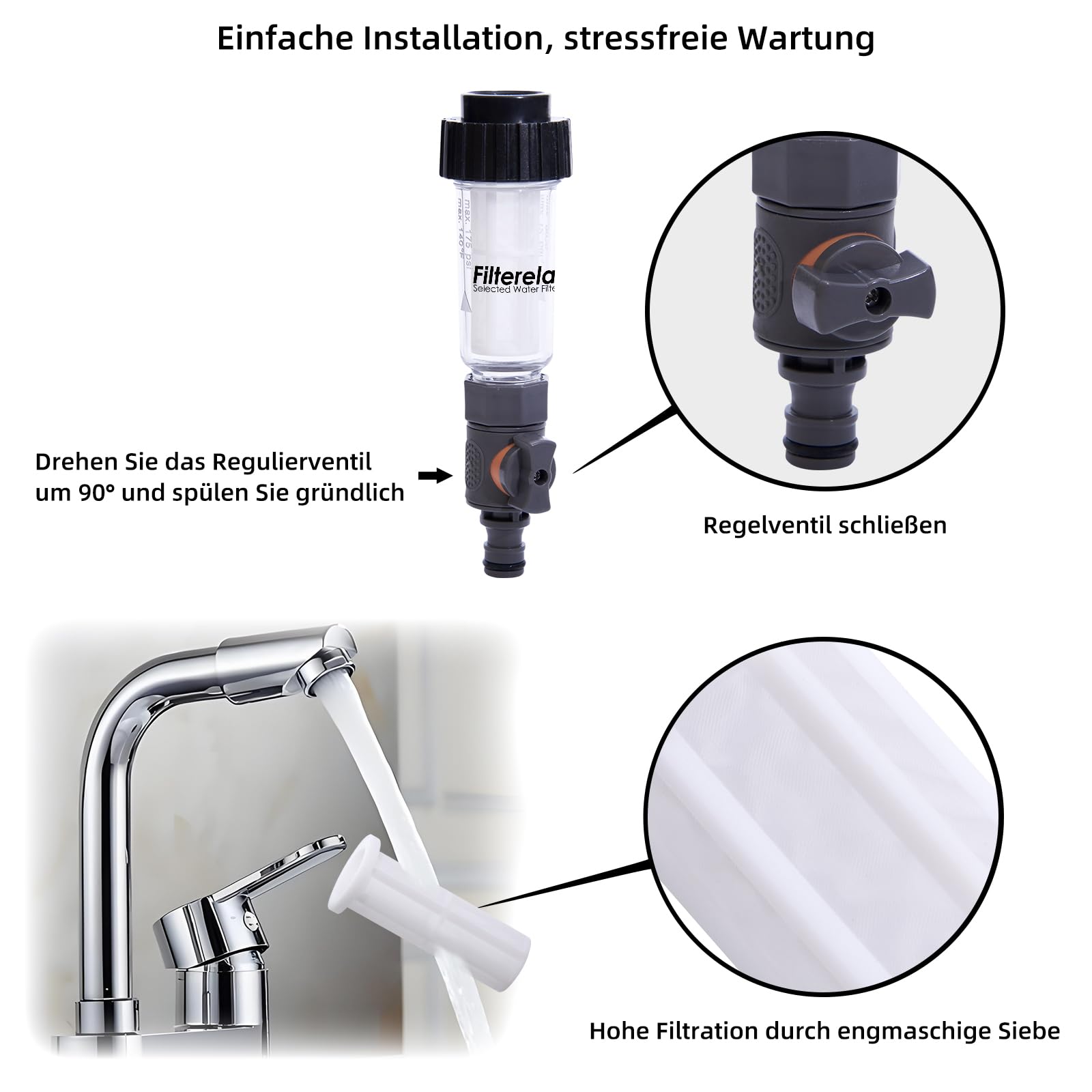 Kit de filtre à eau pour tuyau d'arrosage avec 1 insert filtrant, valve de régulation et 2 adaptateurs rapides comme filtre de remplissage pour nettoyeur haute pression, camping-car, caravane, bateau,