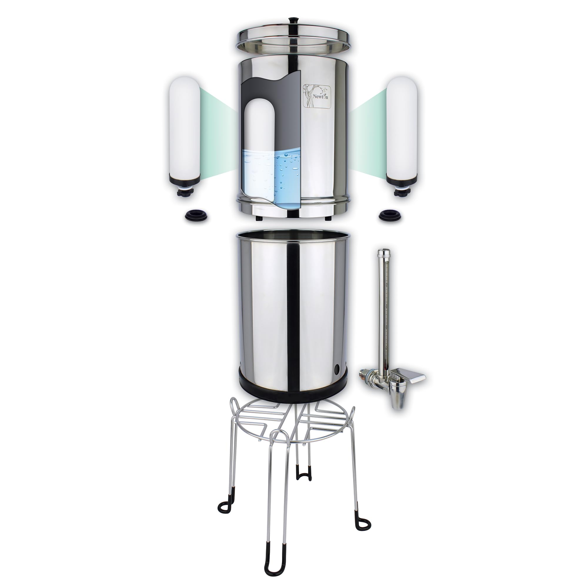 NEWTON Système de filtre à eau à gravité Premium avec retrait du fluor | Capacité 6L | Système complet avec 2 bougies de filtre, support en acier inoxydable et robinet de verre à vue