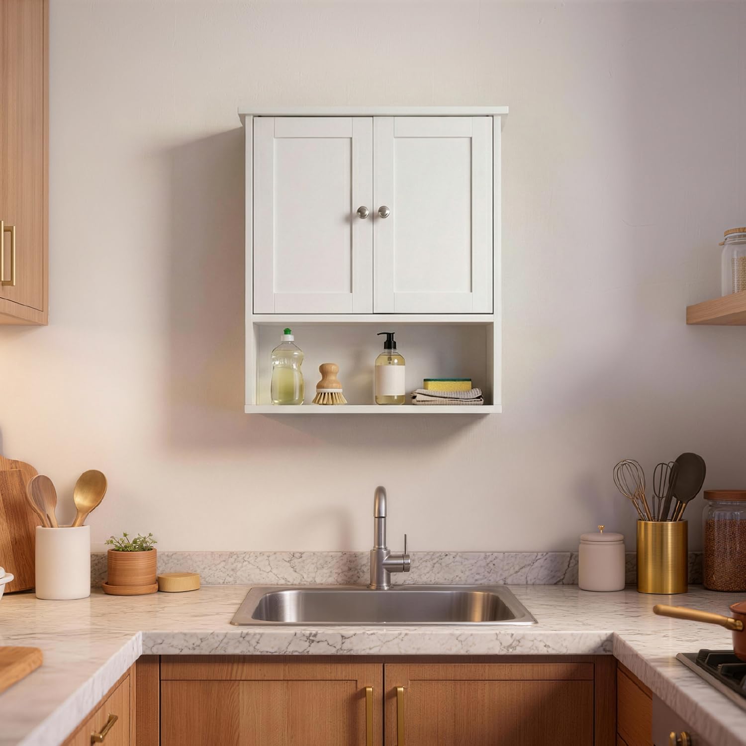 LEADZM Armoire Murale Salle de Bain, Meuble WC Suspendu avec 2 Portes, Étagère Réglable, Placard de Rangement pour Toilette, Salon (Style 2, Blanc)