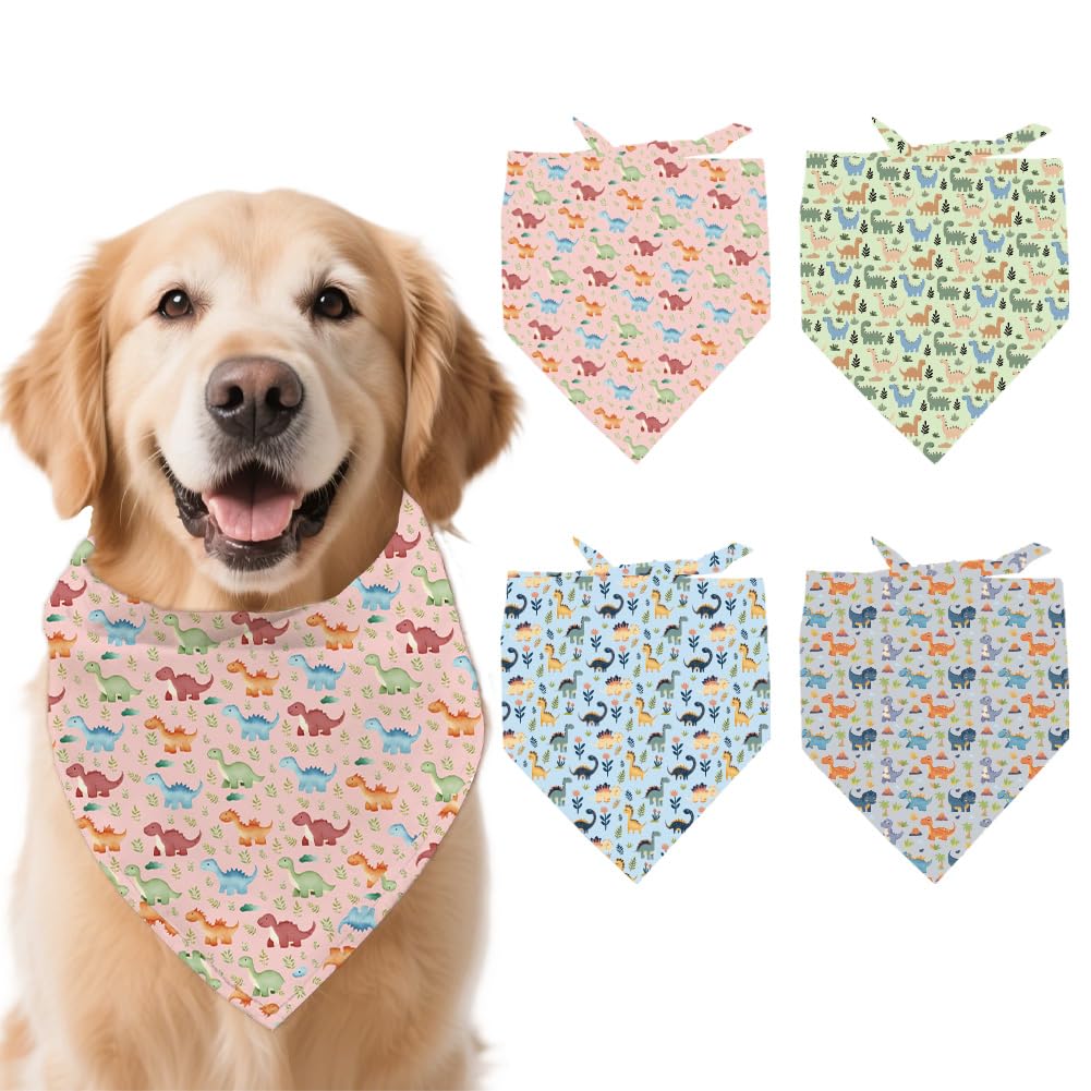 arricraft 4 Pcs Polyester Pet Bandanas, Dinosaur Pattern Dog Scarf Washable Triangle Fabric Pet Bandanas for Small Medium Large Cat and Dog Clothing Accessories 26.7x18.9 Inch