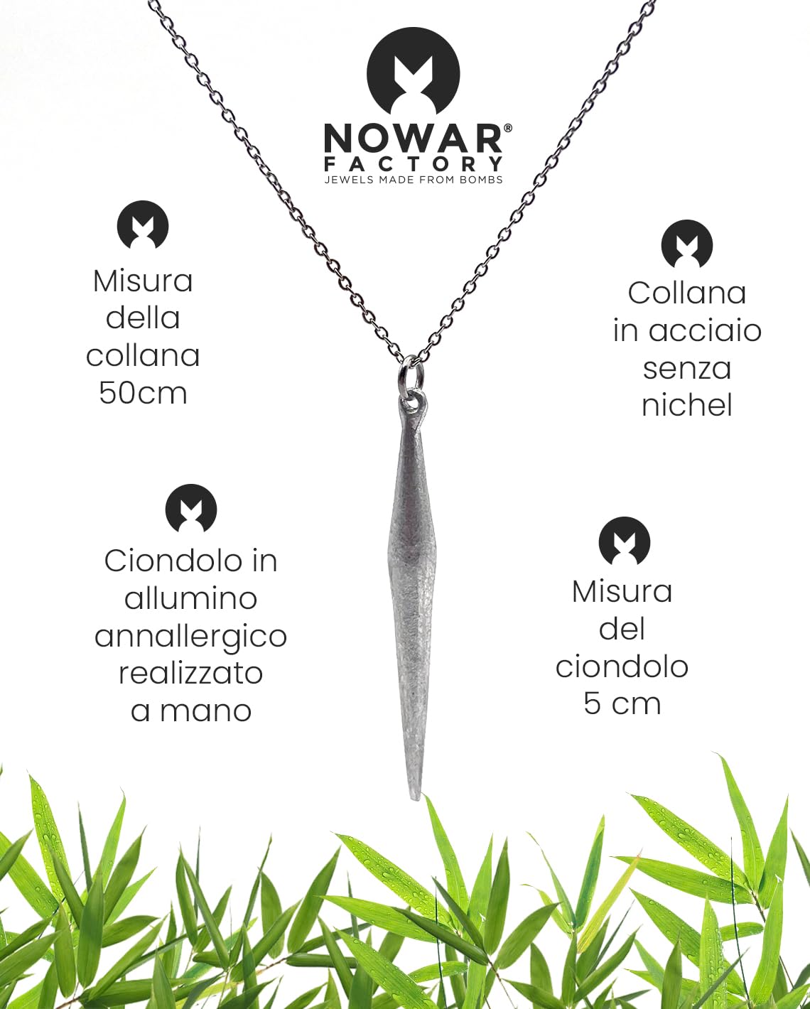 NOWAR FACTORY Collana con Pendente a Forma di Lancia, Catena in Cordino Cerato con Chiusura a Moschettone con Nodo Scorsoio Regolabile, Lunghezza 50 cm - Idea Regalo