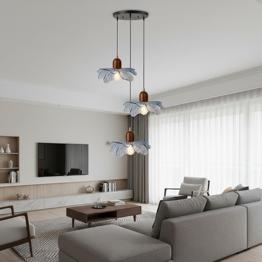 Condition photo showing New/Like New for 3-light blue floral pendant light, adjustable hanging light fixture | adjustable 59" cord, wood & glass construction, ideal for kitchen islands, dining rooms, bedrooms, living rooms, apartments