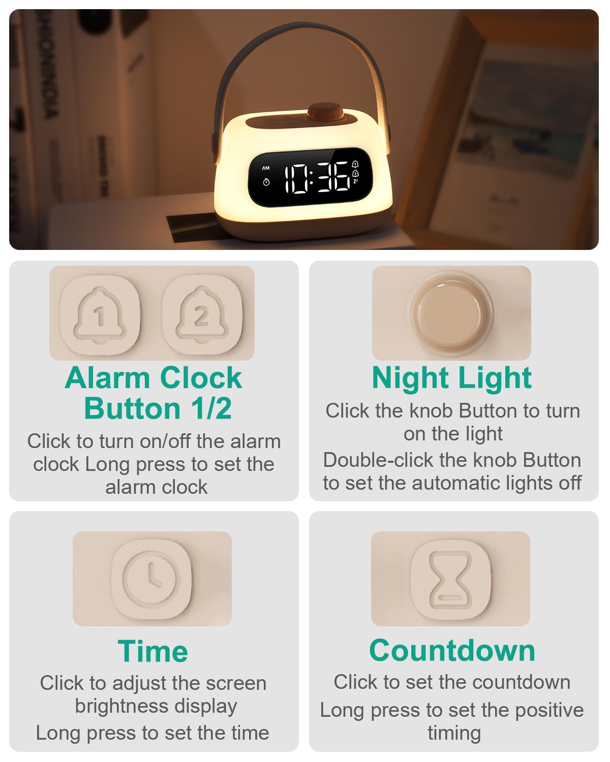 ORIA Nachtlicht für Kinder, LED Lichtwecker mit Doppelalarme, Stufenloses Dimmen, Countdown, Snooze, Nachttischlampe für Kinderzimmer, Babyzimmer, Schlafzimmer