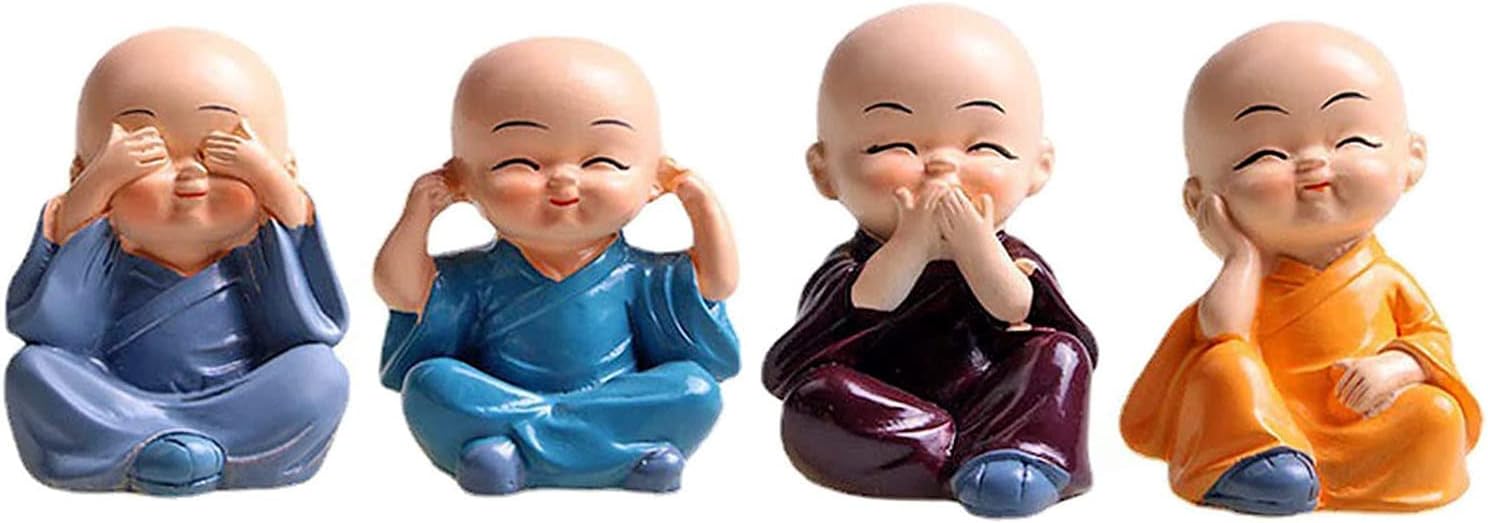 4PCS Cute Kung Fu Monk Statue Miniature Buddha Figurine Wise Figure Baby Little Monk Sculpture Collectibles Crafts Arts Zen Ornaments Wall Shelf Desktop Garden Home Office Car Decoration Gift (A)