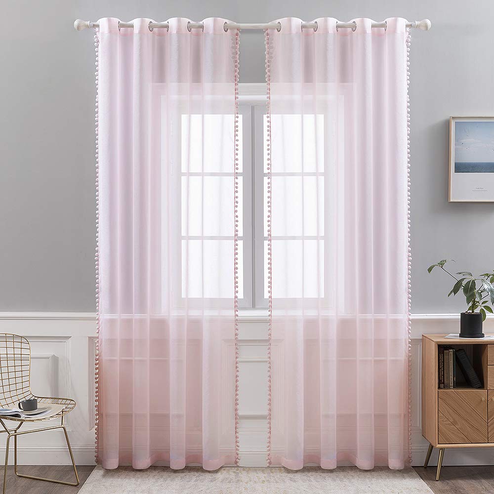 MIULEE Cortinas con Pompones-Transparente Cortinas Salon Rosa Bebé con Detalle 2 Piezas (2X140 x 260cm), Cortinas Dormitorio para Juvenil Niñas Habitacion, Visillos Translucidas Salon con Ollaos