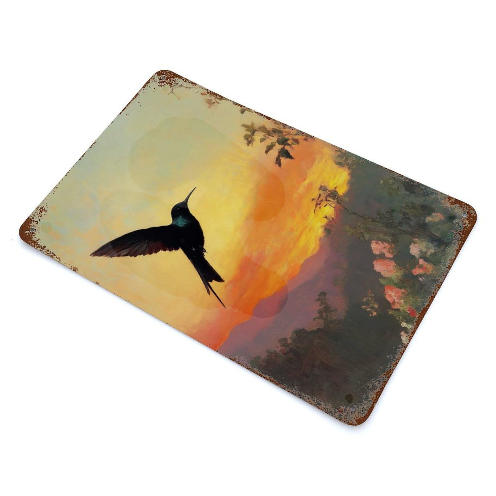 Vintage Rust Metal Sign Hummingbird Sunset 11.8"x7.9", Decorative Metal Wall Art for Basement, Hobby Room And Garage Decor