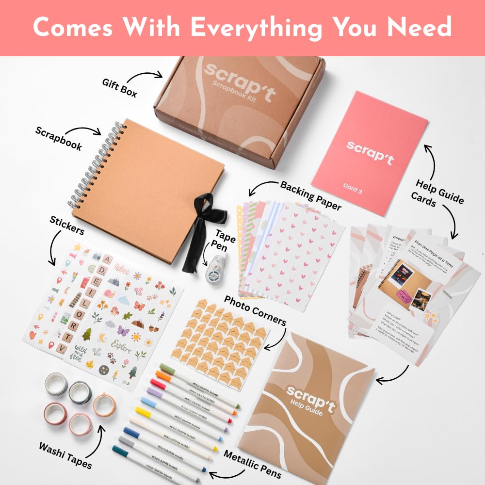 Kit de álbumes de recortes, álbum de fotos de 80 páginas, álbum de recortes, capacidad para más de 300 fotos, con bolígrafos metálicos, más de 150 calcomanías, bolígrafo de pegamento, cintas Washi