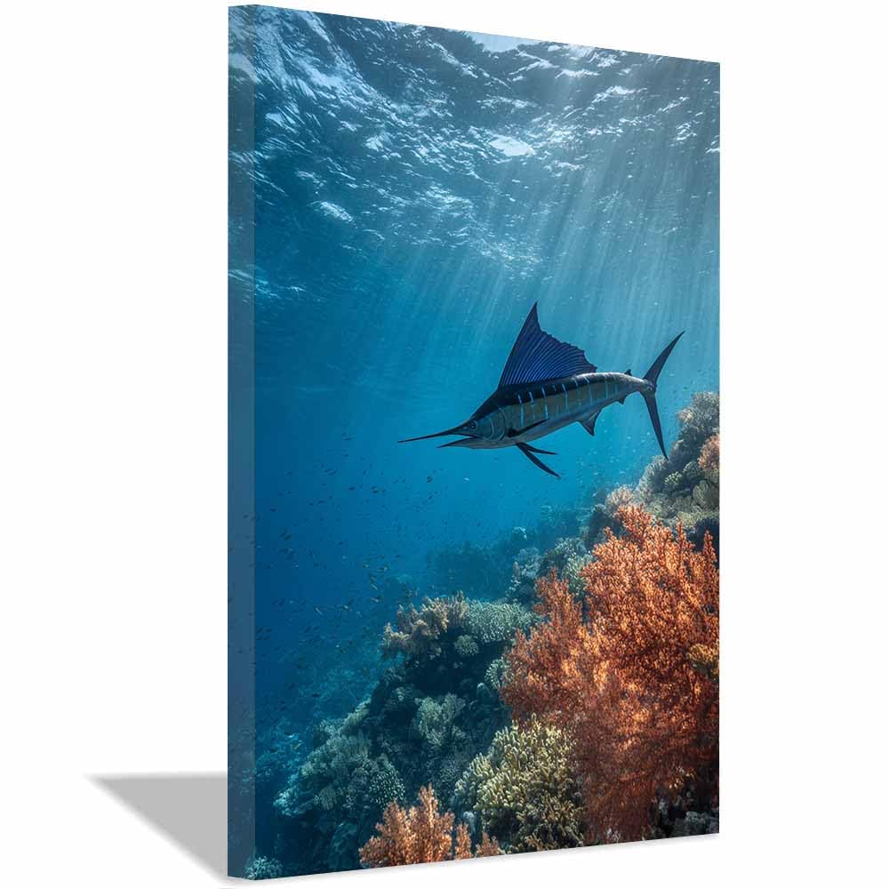HOQIU Natural scenery wall art Sailfish Underwater Scene decorative painting, wall art, for Living Room Bathroom Bedroom Kitchen Decoration.(Multicolor)-70x100cm Framed