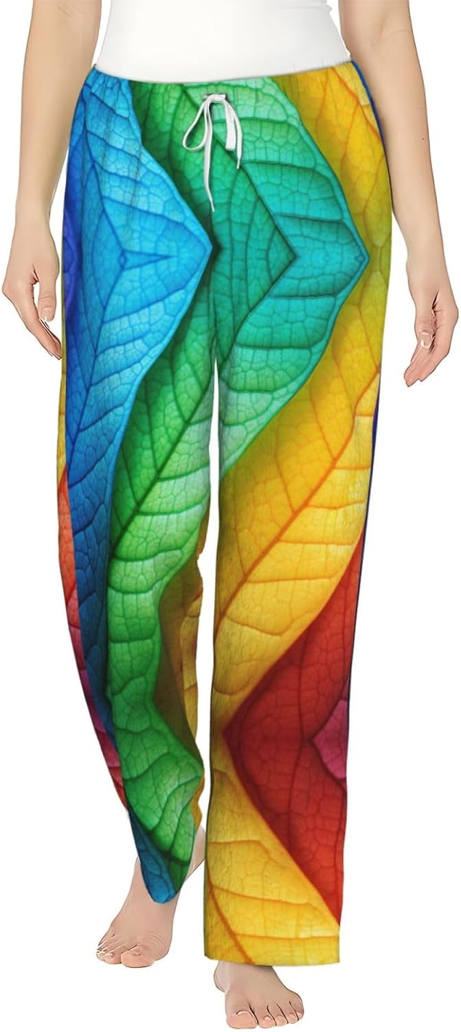 Rainbow Colors Gradient Leaf Print Cozy Christmas Pajama Pants,Flannel Pajama Bottoms,Cater To Various Body Types