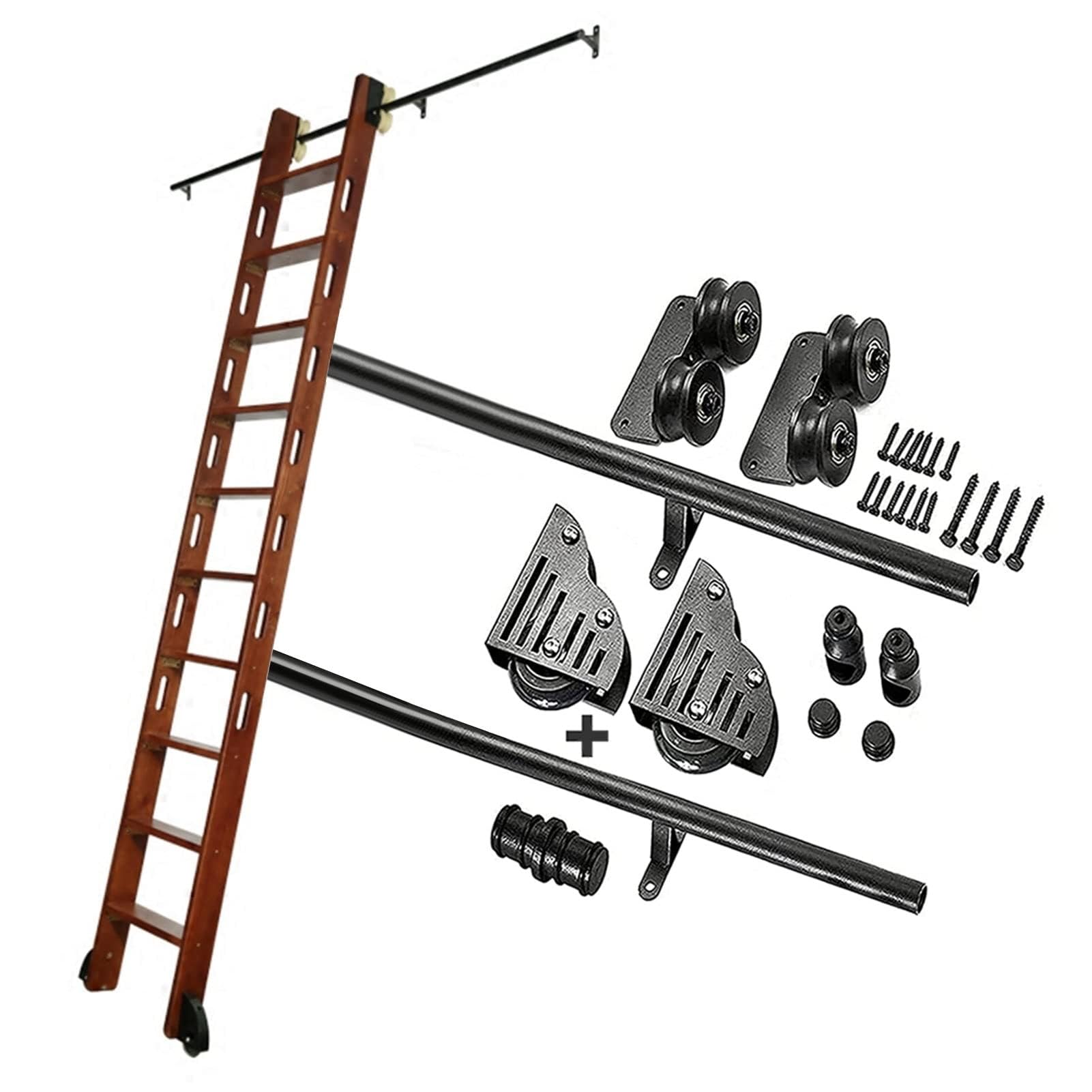 Rollbare Bibliotheksleiter, Gleitleiterschienensatz aus Schmiedeeisen, für Bücherregale und Lager, Hochleistungs-Gleitschienen 3,3–24 Fuß Rollleiterschienen Rollen, Komplettes Set, Schwarz, 400cm