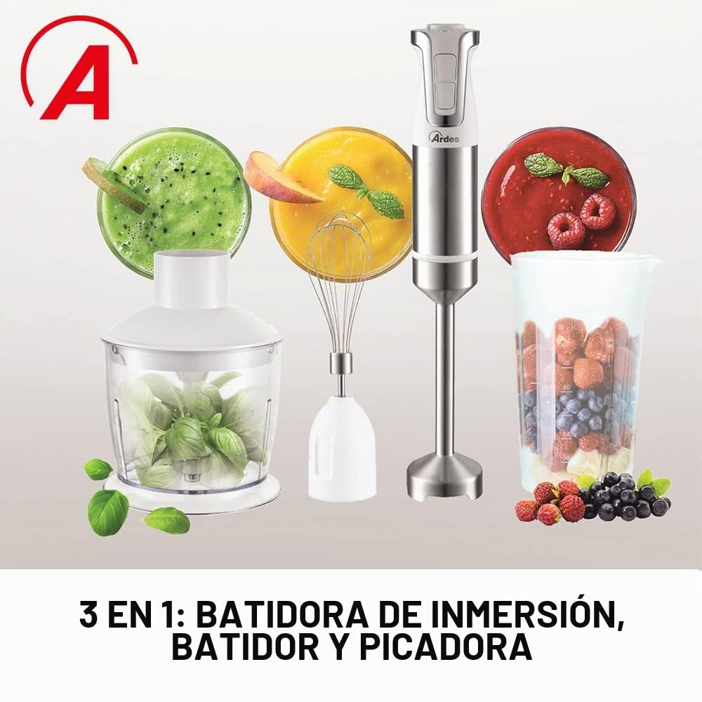 ARDES ARSET01 TRINITY Batidora de Inmersión 3 en 1 Minipimer de Inmersión Picadora y Batidora con Motor Profesional Mixer con Brazo de 21 m 4 Cuchillas de Acero INOX Batidora de 2 Velocidades