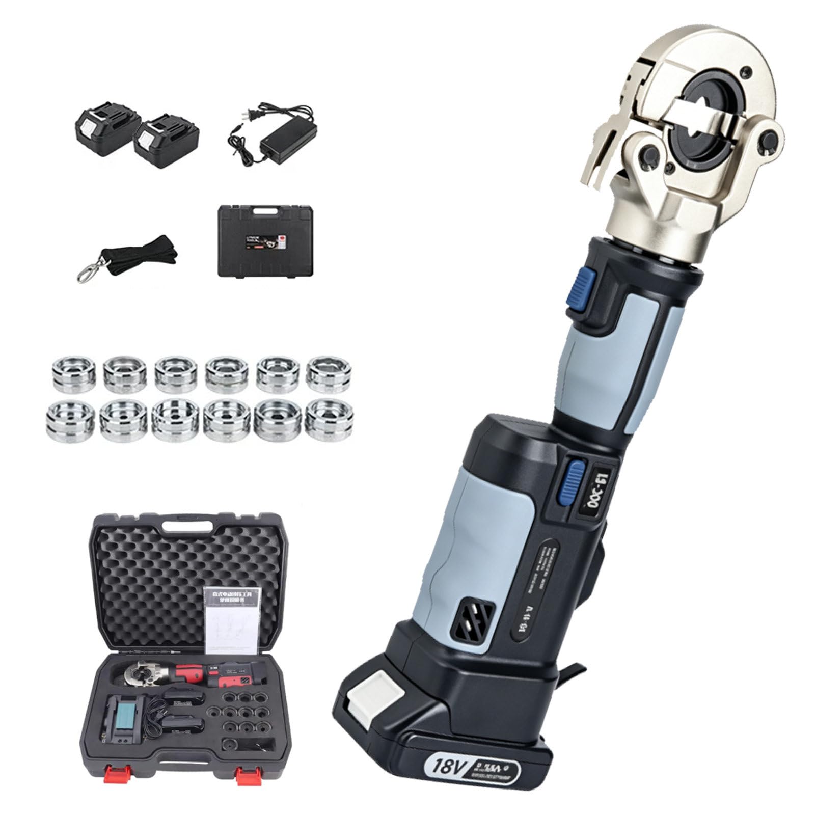 Pvxa 16-300Mm² Rechargeable Hydraulic Crimper, Hydraulic Crimpers Electrical Hydraulic Crimping Tool, 360° Rotating Head, with 12 Pairs of Dies, for Copper Grey