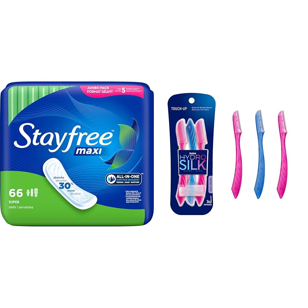 Stayfree Maxi Pads 66 Count & Schick Hydro Silk Dermaplaning Tool with Precision Cover 3 Count