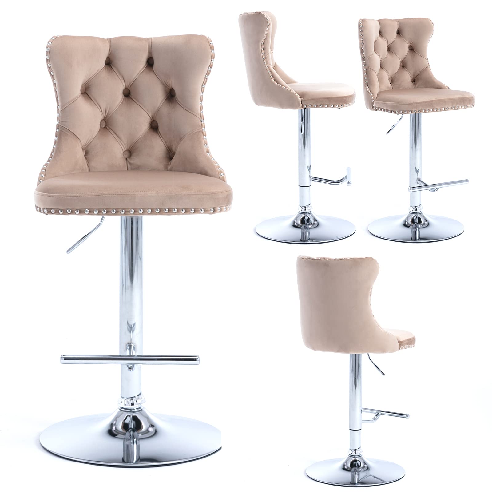 Velvet Swivel Bar Stools Set of 4, Adjustable Seat Height from 25-33 Inch, Modern Upholstered Chrome Base Barstools with Backs Comfortable Tufted for Home Pub and Kitchen Island, Khaki