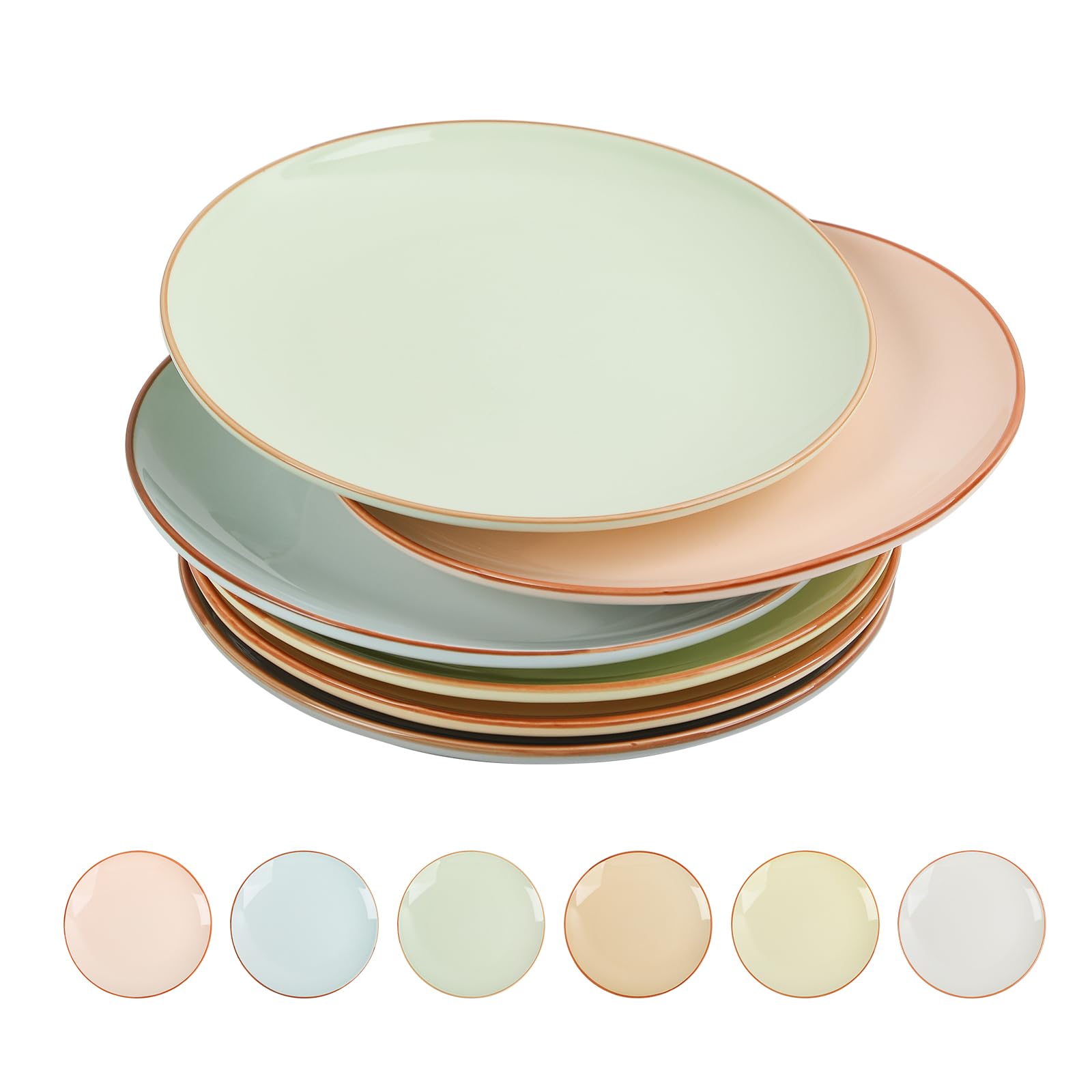 Kolorowy ceramiczny zestaw płaskich talerzy obiadowych - zestaw 6 dużych talerzy w cukierkowych kolorach - duży talerz obiadowy do głównego dania - nowoczesny serwis obiadowy | stek, sałatka, makaron